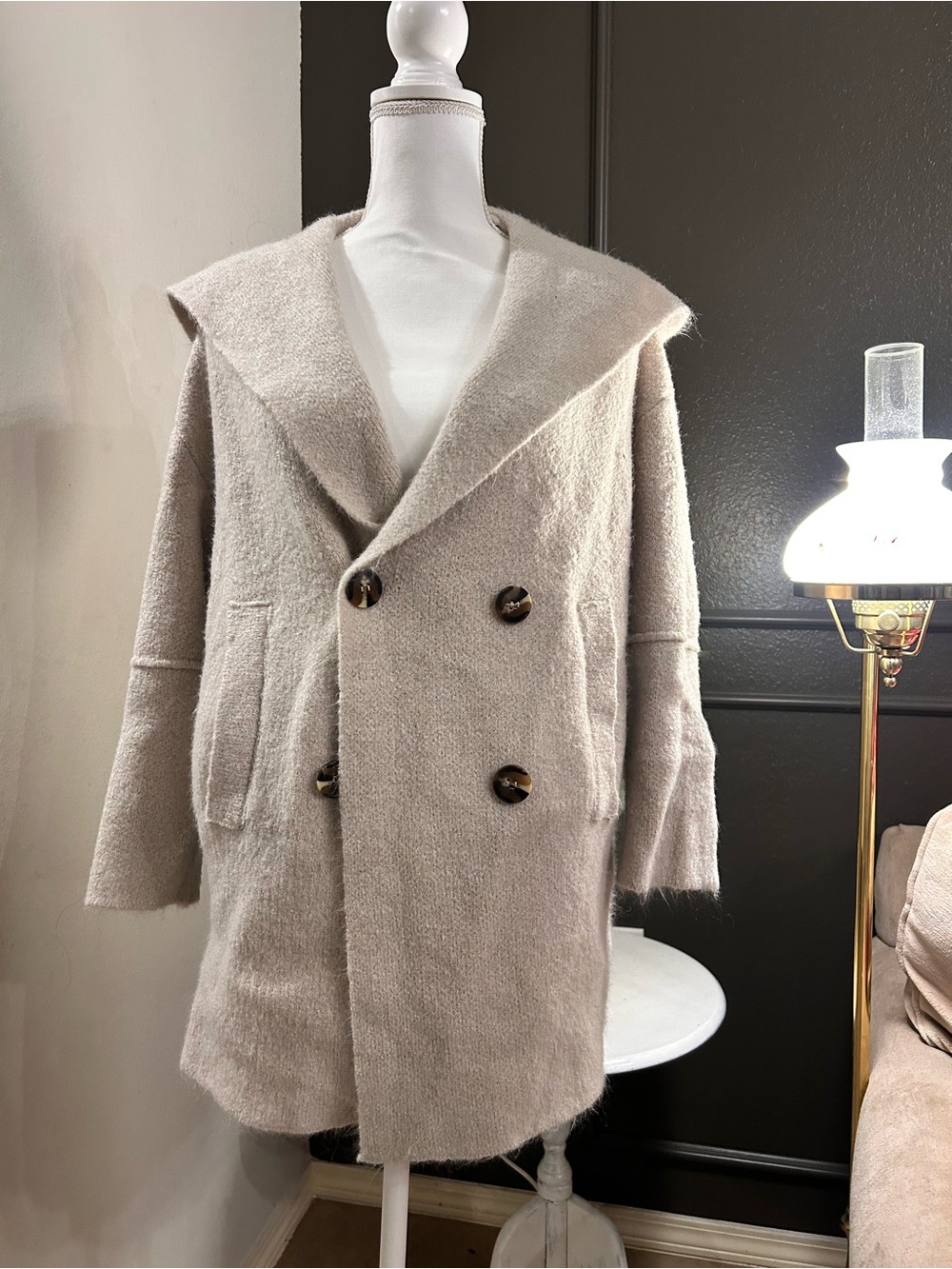Zara Beige Double-Breasted Hooded Pea Coat